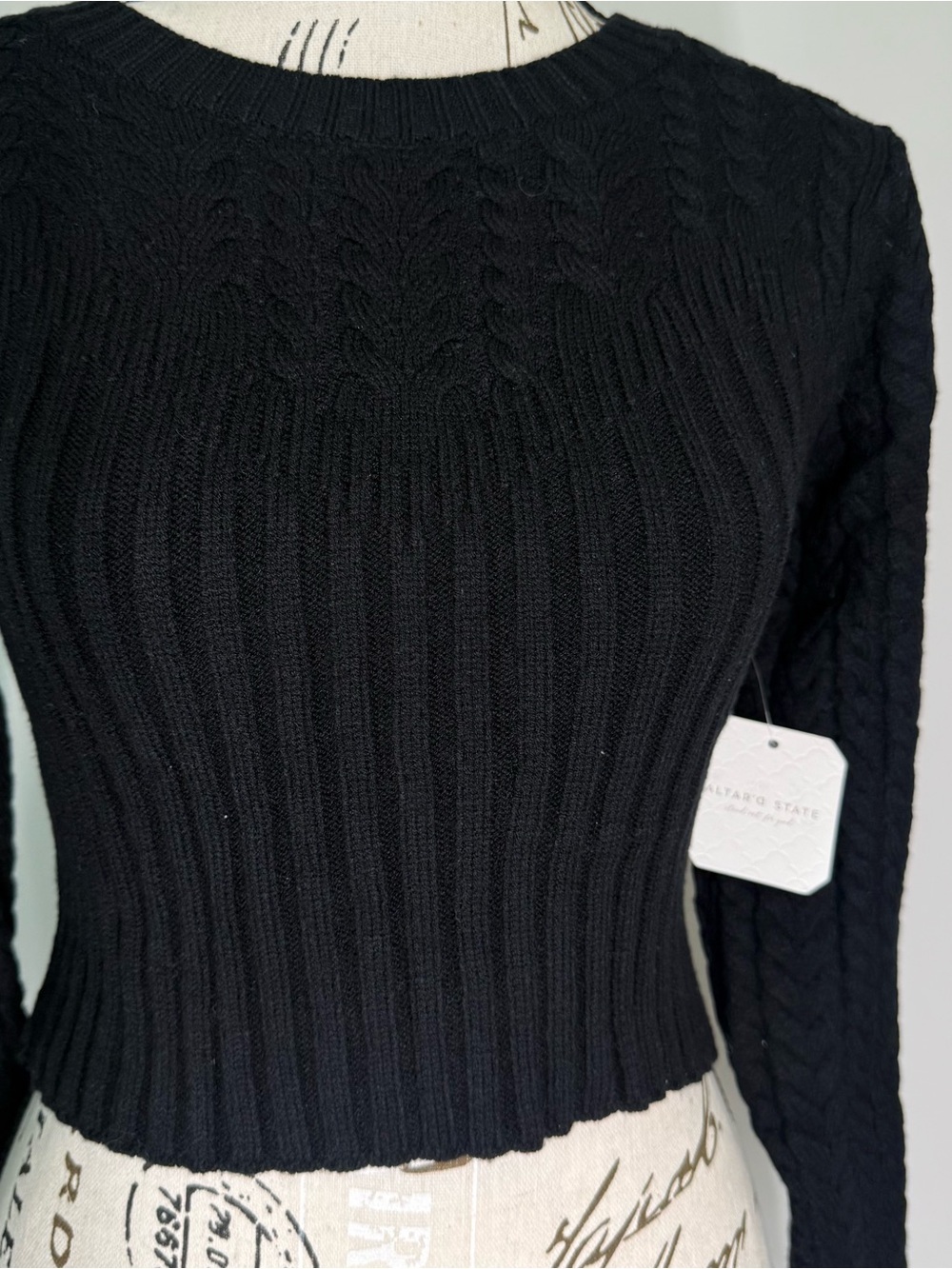 Altar'd State Black Cropped Cable Knit Sweater